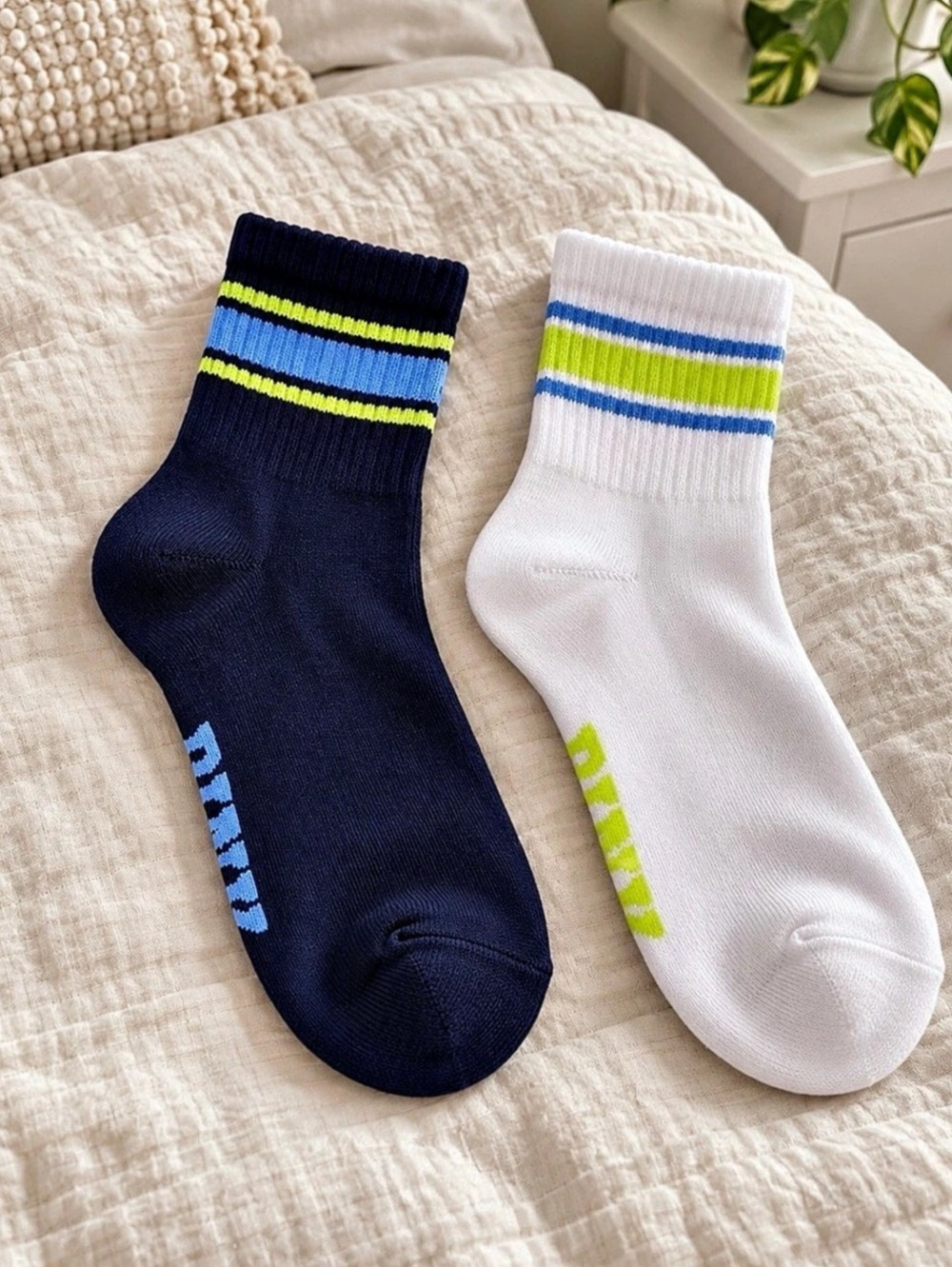 PINK Striped Crew Socks 2-Pair Set in Blue & White NWT